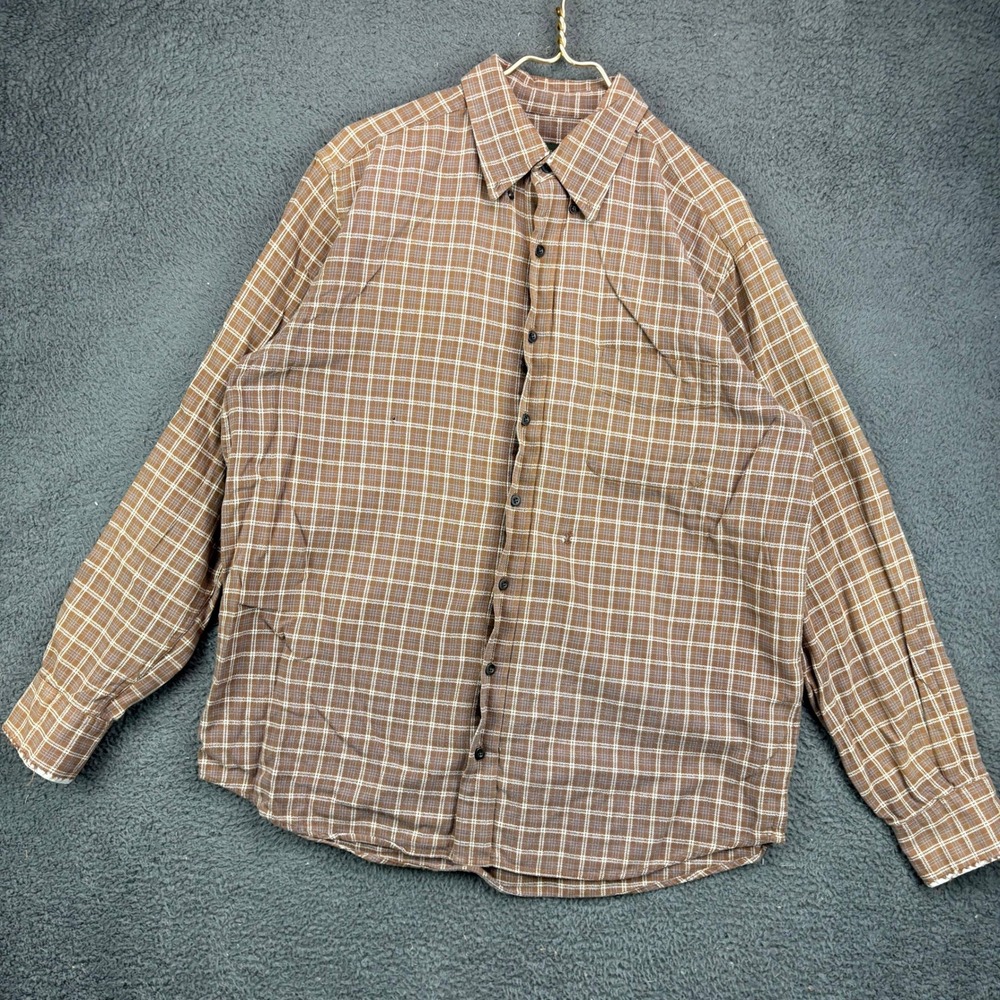 Eddie Bauer Mens Large Tall Relaxed Fit Brown Plaid Long Sleeve Button Up Shirt